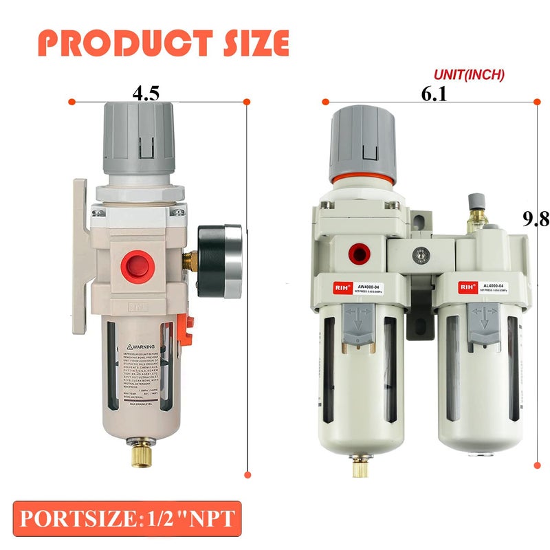 RH Pneumatics 1/2" NPT Compressed Air Filter Regulator Lubricator Combo Water/Oil Trap Separator - Gauge(0-150 psi), Semi-Auto Drain, Poly Bowl,Bracket - 3 in 1 Two Unit (1/2" NPT) - Image 2